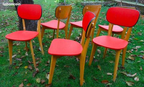 6 chaises en bois vintage pieds compas. Années 50