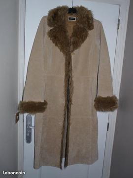 Manteau long femme en peau croute de cuir