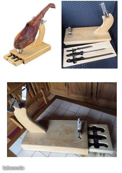 Support jambon en bois avec tiroir et couteaux