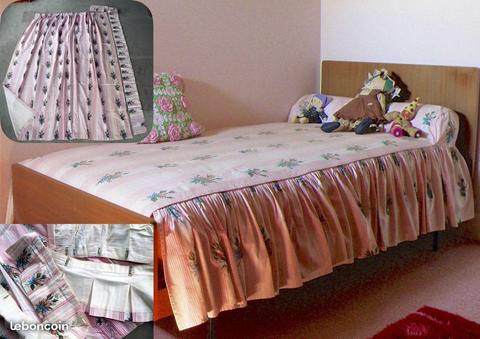Dessus de lit 1 pers, double rideau blanc et rose
