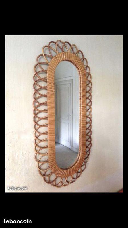 Miroir rotin vintage 76 cm osier art deco