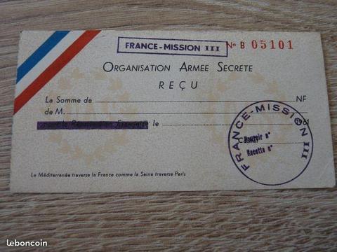 OAS 1961 : recu de donateur (document Militaria)
