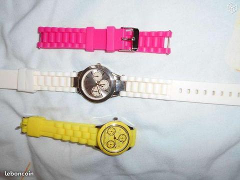 Montres de femme, couleur blanche, jaune, fuchsia