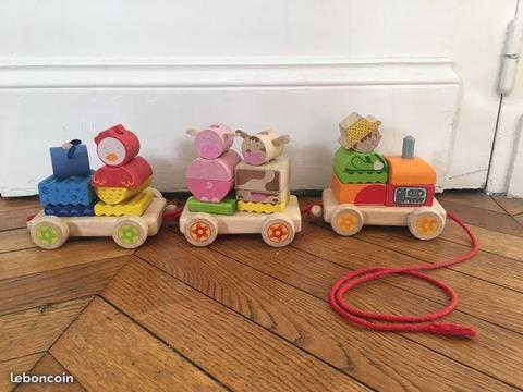 Petit train ferme 3 wagons en bois