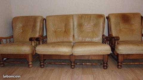 Salon canapé - deux fauteuils cuir et bois