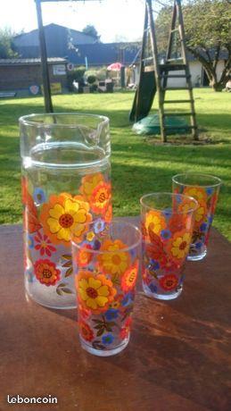 ensemble pichet et verre fleurs orange vintage