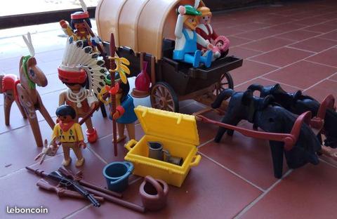 JOLI LOT Playmobil far west +charriot + indiens