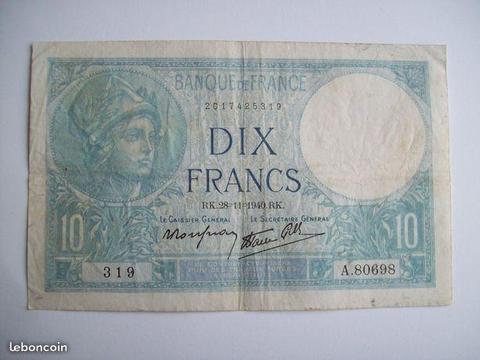 Ancien billet de 10 francs minerve du 2