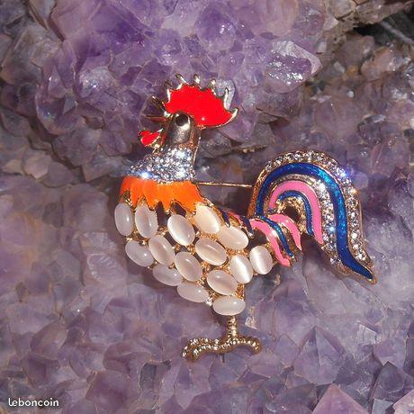 Broche coq Strass Email