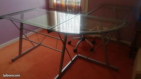 Bureau angle verre/métal + chaise de bureau