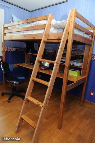 Lit mezzanine 1 personne et bureau intégré en bois