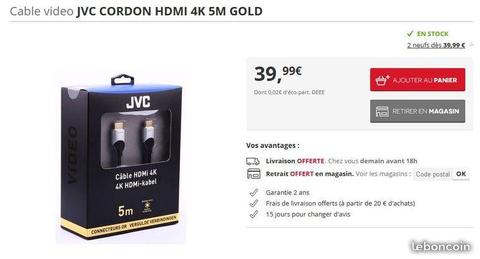 5M Cable video JVC CORDON HDMI NEUF val.40€