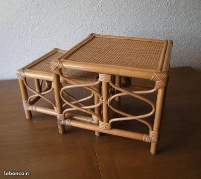 2 tables gigognes rotin bambou osier tresse