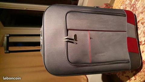 valise/soute,76cm,tissu gris strié,2 roues,tirette
