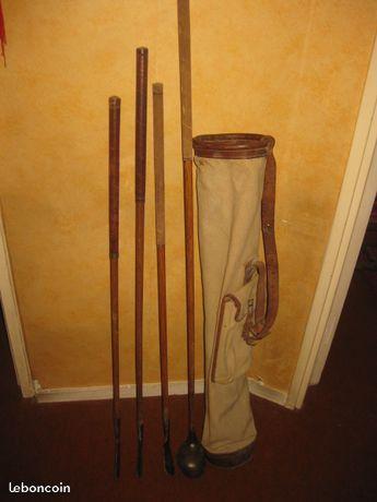 Ancien sac de golf en toile et cuir avec 4 clubs