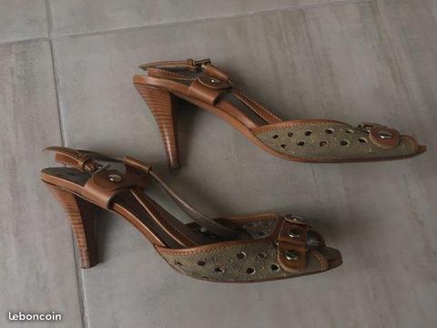 Sandales à talon cuir et toile Marque Pucciverdi