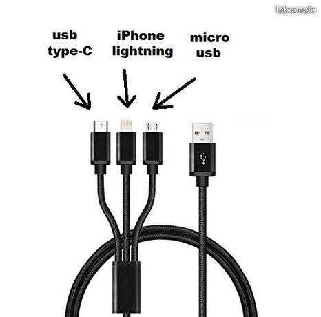 Câble Chargeur 3en1 universel iPhone USB Type C