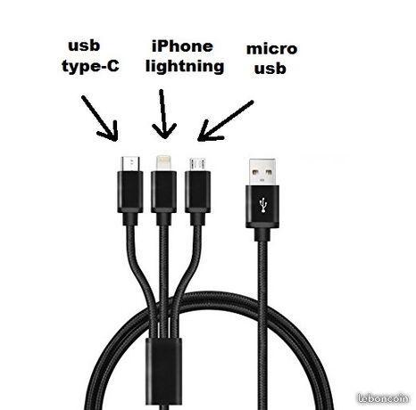 Câble Chargeur 3en1 universel iPhone USB Type C